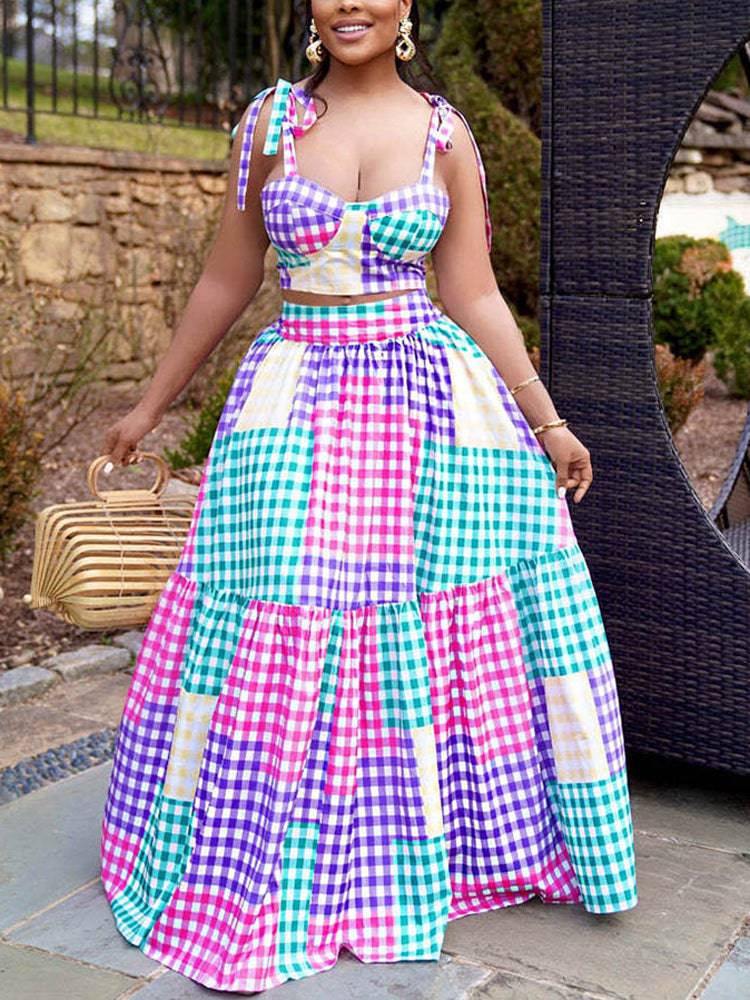 Plaid Color Block Crop Top Maxi Skirt Set - ECHOINE