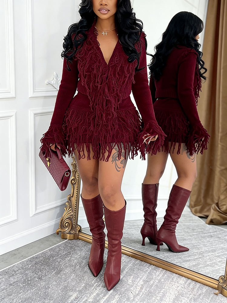 Fringe Knit Sweater & Skirt Set