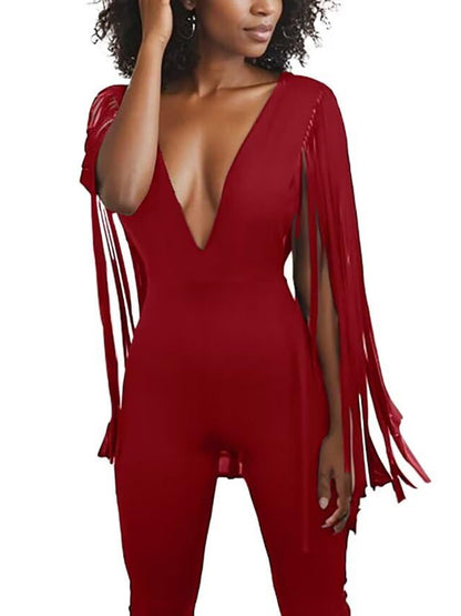 V-neck Tassel Bodycon Jumpsuit