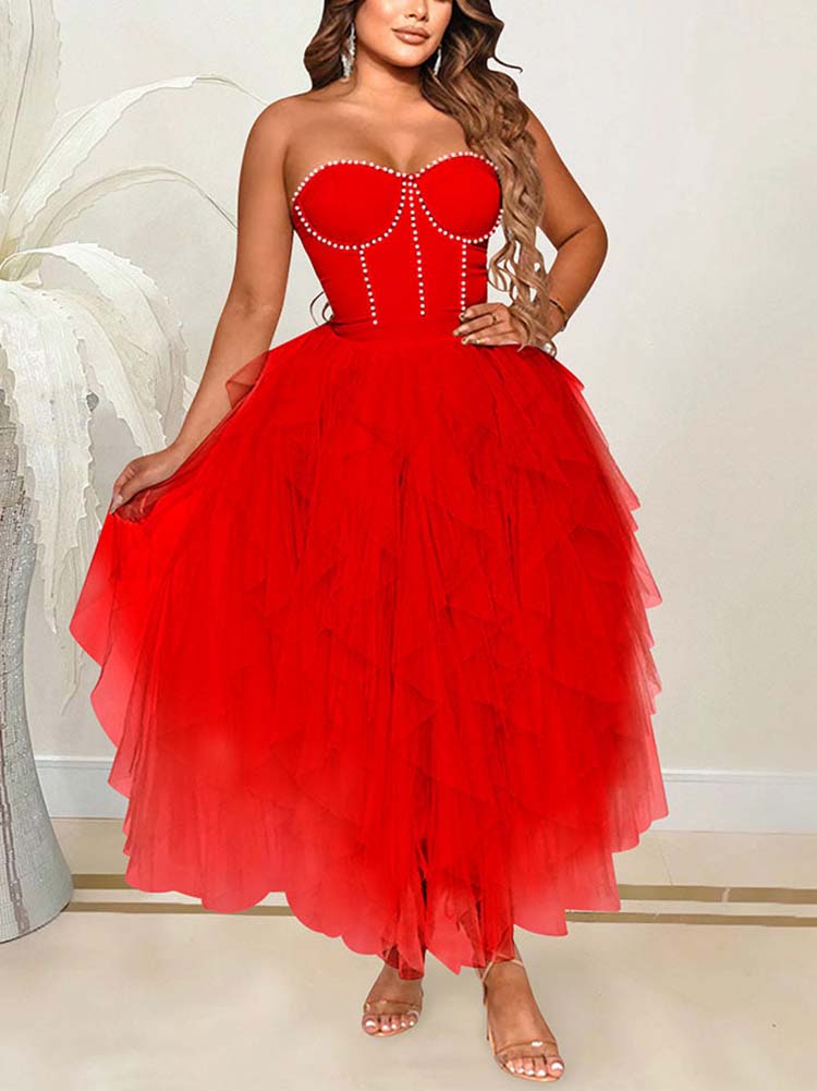 Rhinestone Tube Tulle Prom Midi Dress - ECHOINE