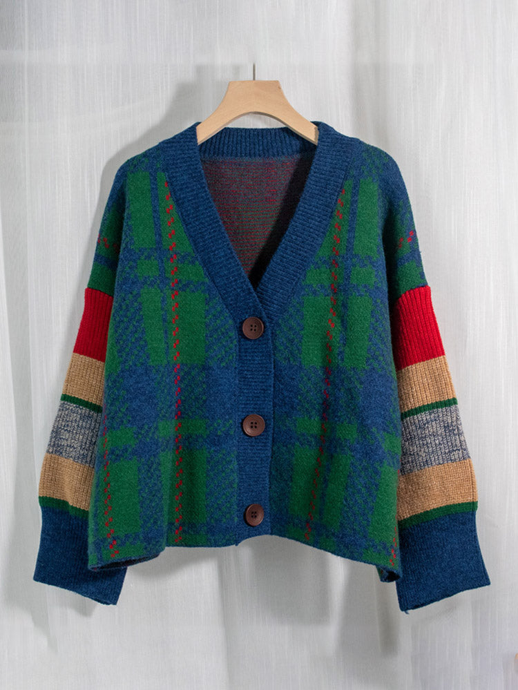 Retro Plaid Knit Cardigan - ECHOINE