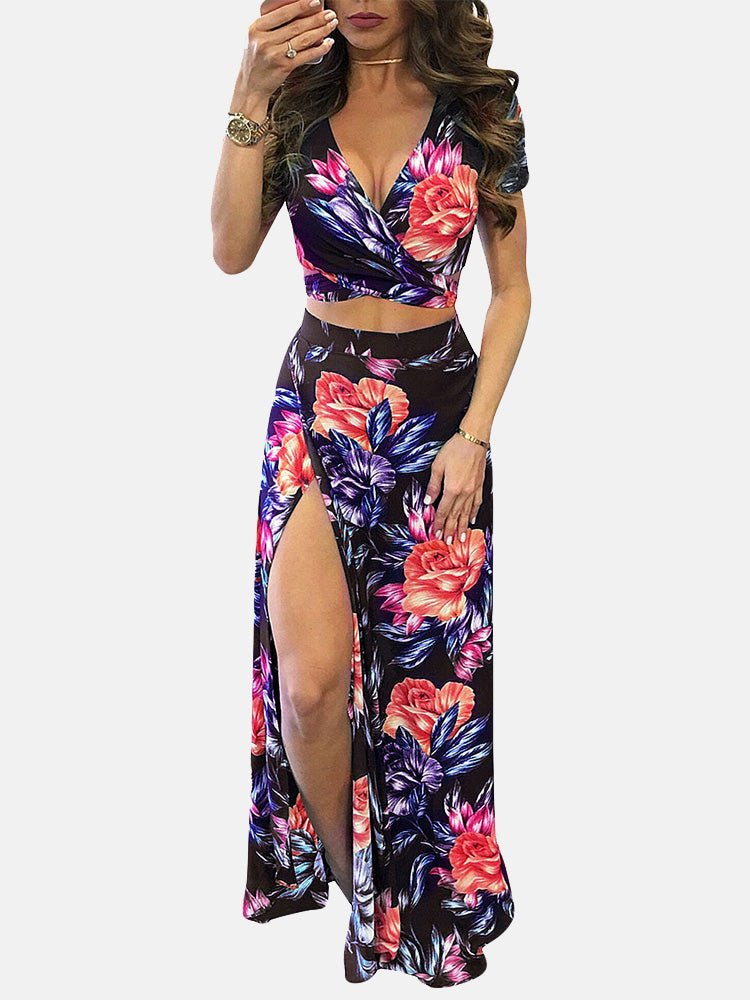 Floral Printed Slit Skirt Set - ECHOINE