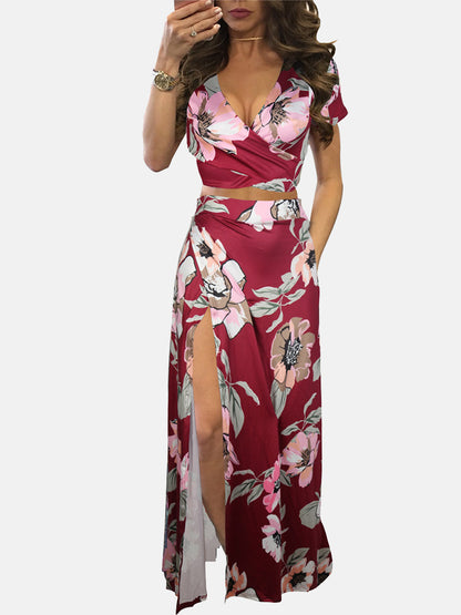 Floral Printed Slit Skirt Set - ECHOINE