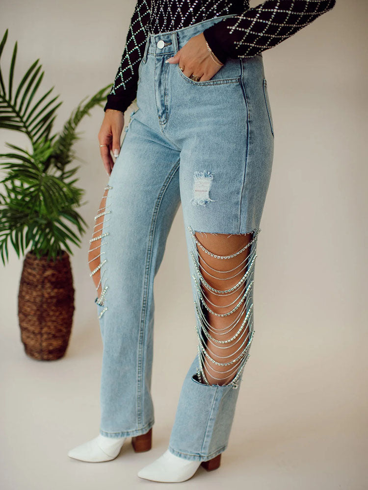 Rhinestone Chain Jeans - ECHOINE