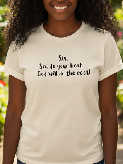 Woman wearing a white t-shirt with a motivational quote in a garden setting