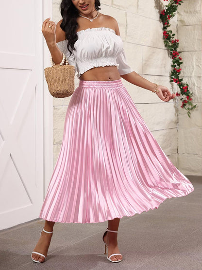 Elastic Waist Pleated Midi Skirt