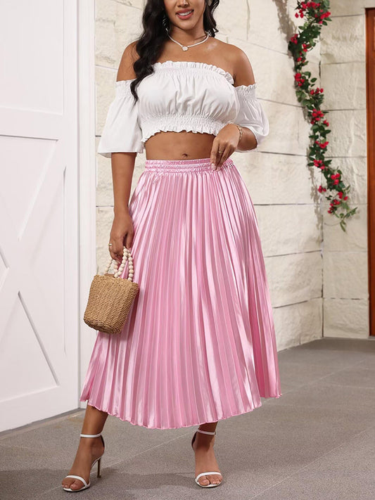 Elastic Waist Pleated Midi Skirt