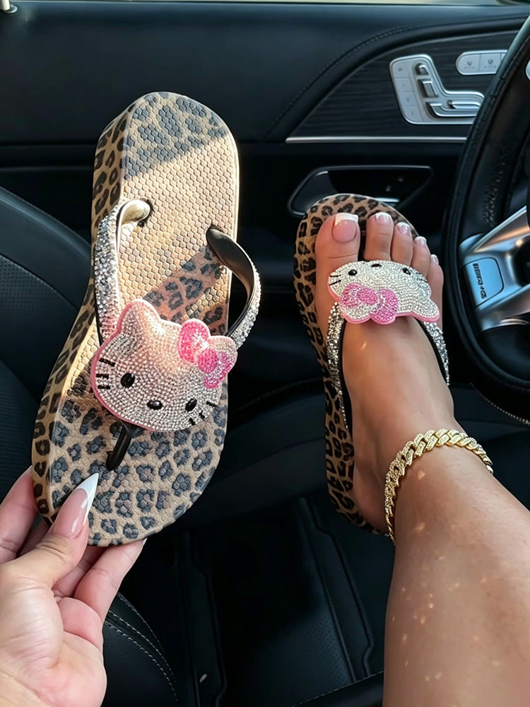 Leopard Rhinestone Platform Flip Flops
