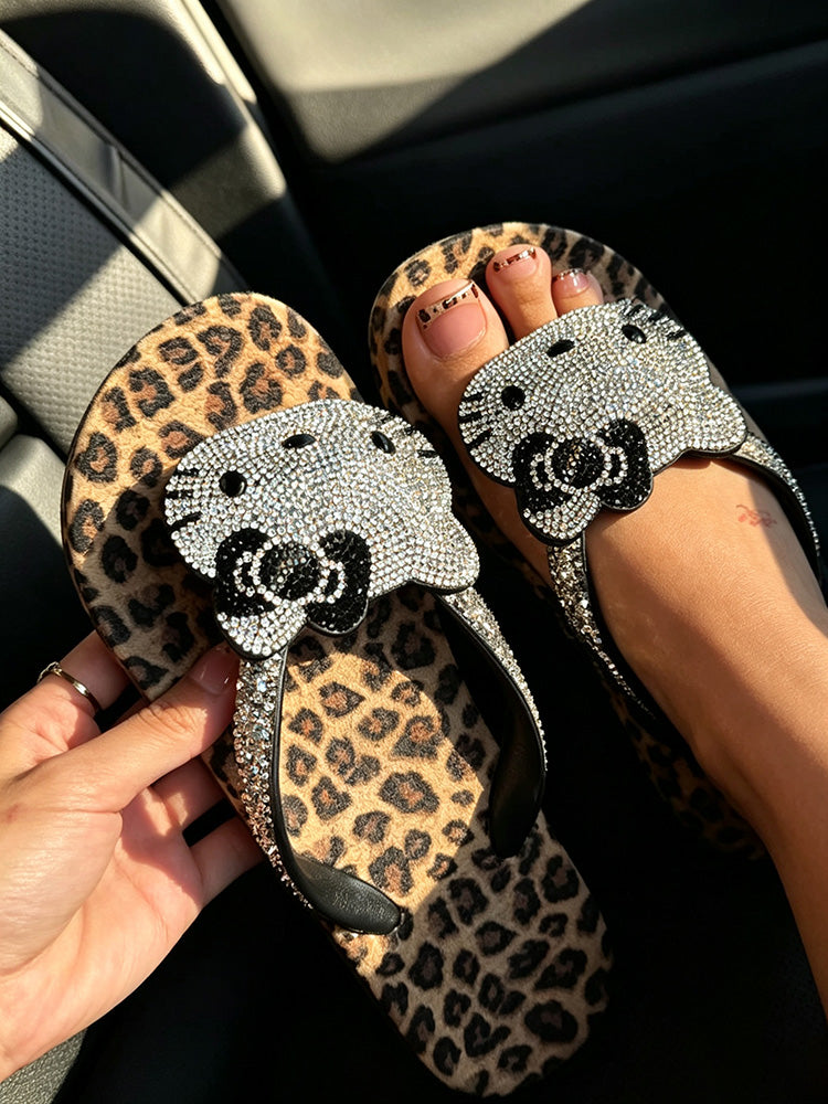 Leopard Rhinestone Platform Flip Flops