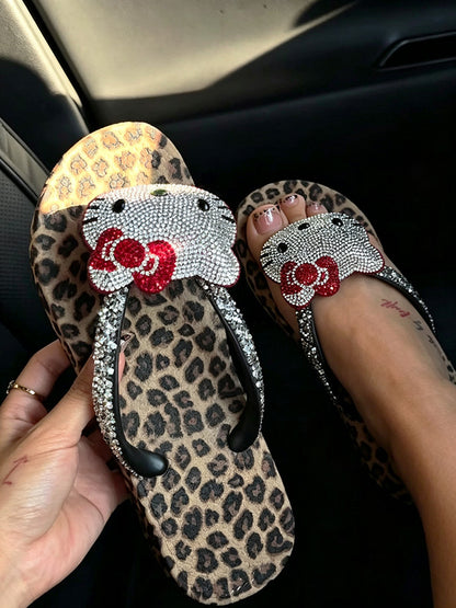 Leopard Rhinestone Platform Flip Flops