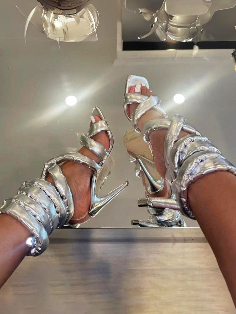 Cross Puffy Strap Heeled Sandals