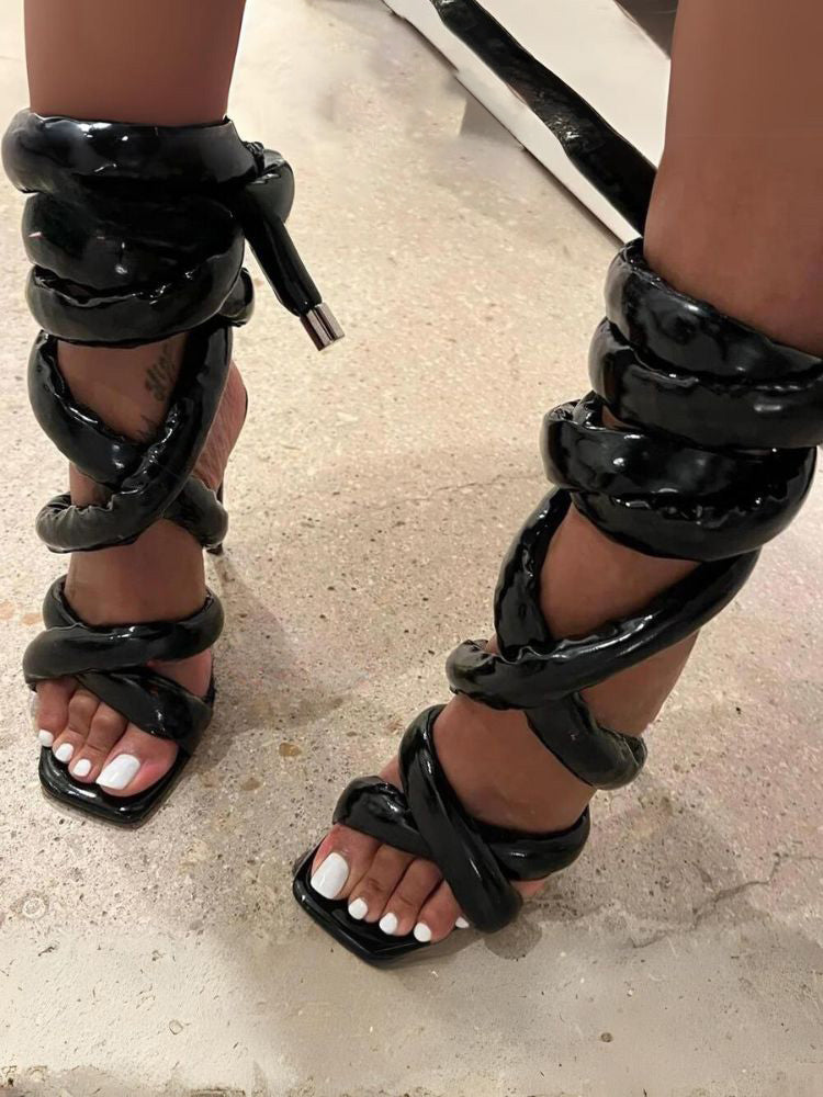 Cross Puffy Strap Heeled Sandals