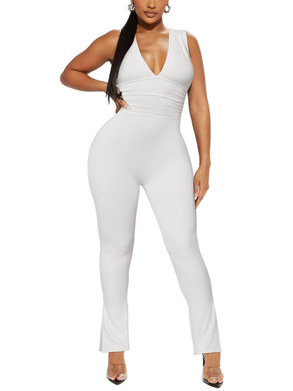 V Neck Ruched Bodycon Jumpsuit - ECHOINE