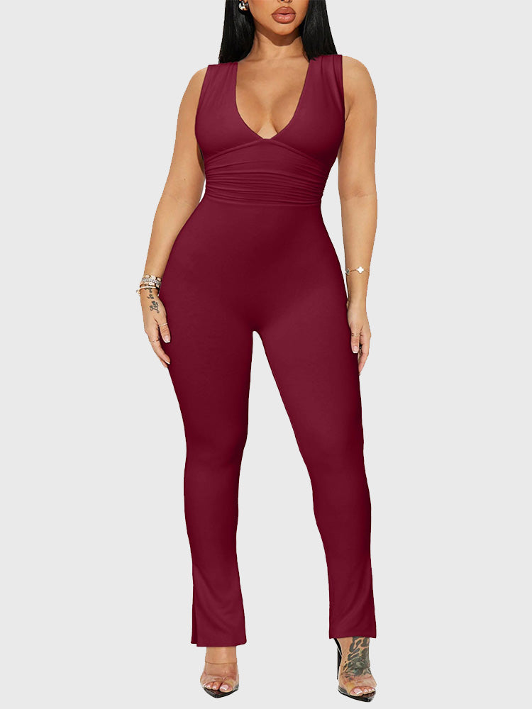 V Neck Ruched Bodycon Jumpsuit - ECHOINE