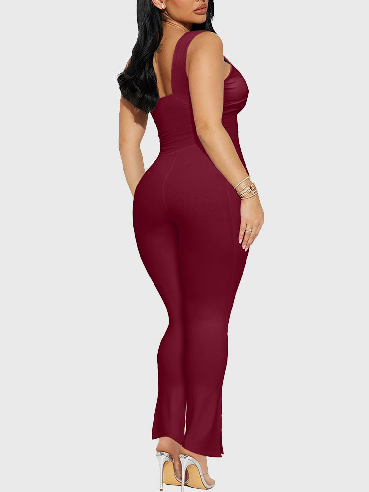 V Neck Ruched Bodycon Jumpsuit - ECHOINE