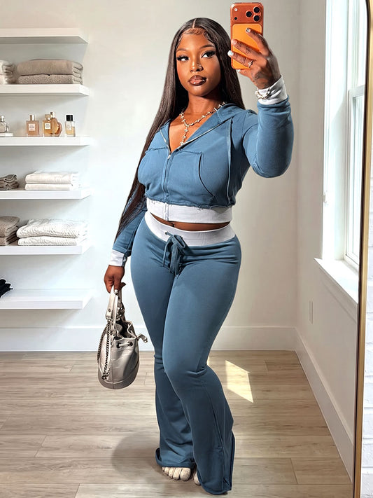 Cropped Zip Hoodie Jacket & Flare Sweatpants Set