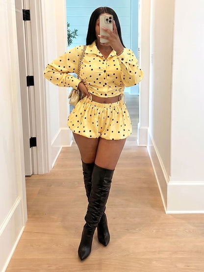Polka Dot Crop Shirt & Bubble Shorts Set