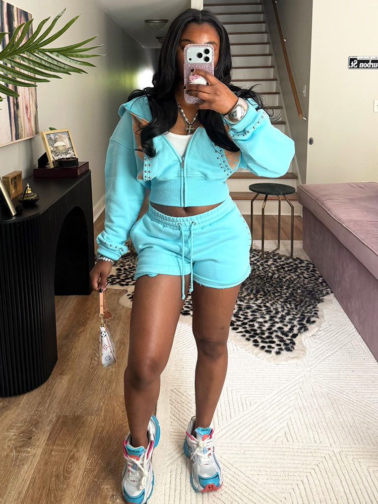 Studded Hoodie Jacket & Shorts Set