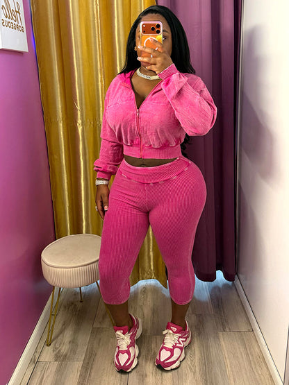 Acid Wash Cropped Jacket & Capri Leggings Set