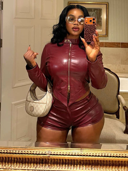 Leather Crop Jacket & Shorts Set