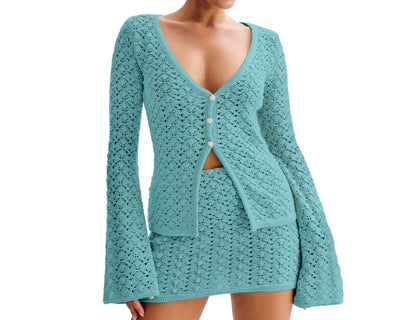Crochet Knit Top Skirt Set
