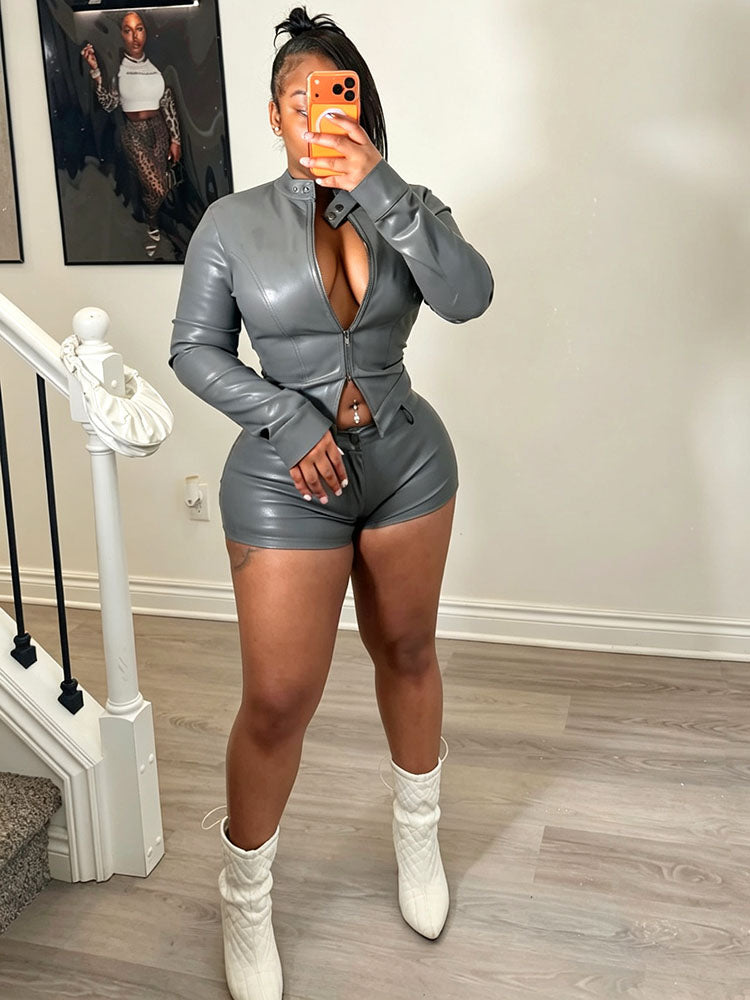 Leather Crop Jacket & Shorts Set