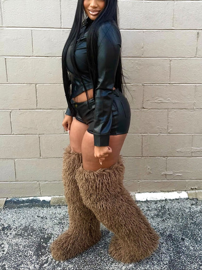 Leather Crop Jacket & Shorts Set
