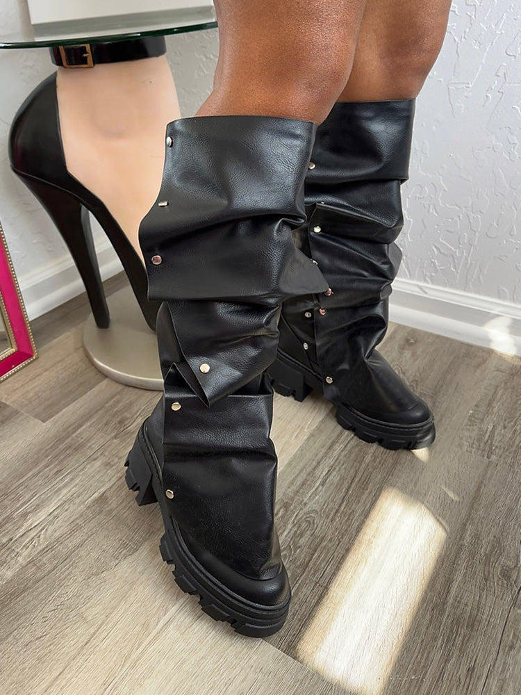 Leather Press Stud Round Toe Boots