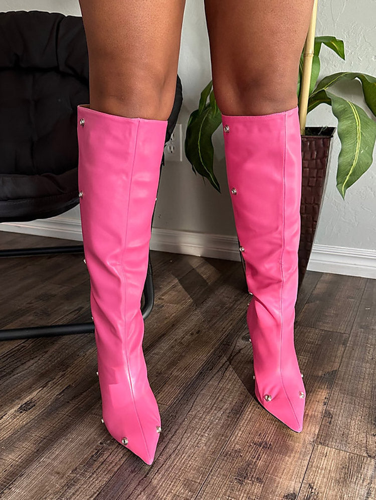 Leather Press Stud Knee-High Boots