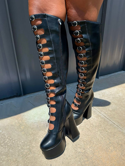 Leather Buckle-Strap Platform Boots