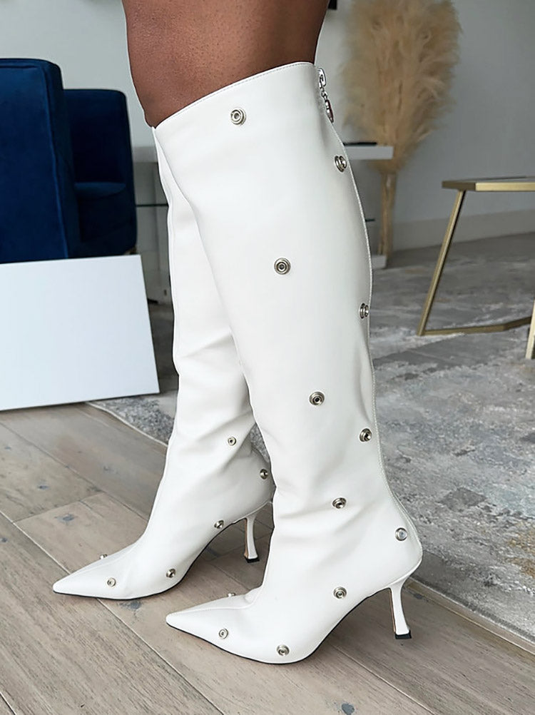 Leather Press Stud Knee-High Boots