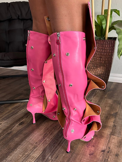 Leather Press Stud Knee-High Boots