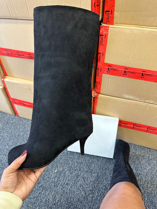 Suede Wide Calf Square Toe Boots - ECHOINE