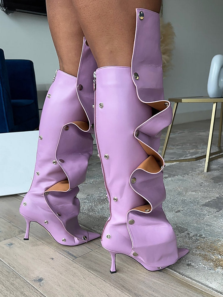 Leather Press Stud Knee-High Boots