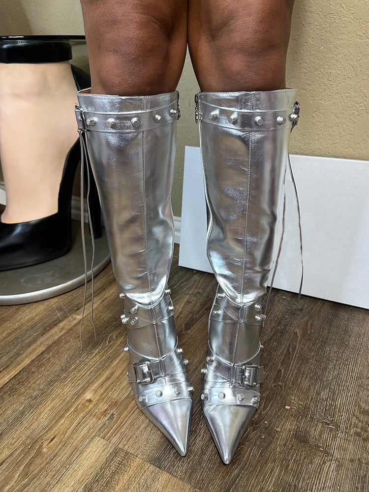 Studded Buckled Strap Leather Boots