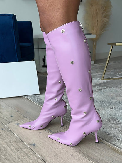 Leather Press Stud Knee-High Boots