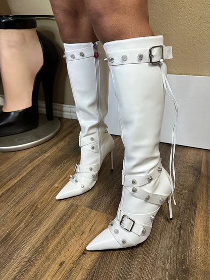 Studded Buckled Strap Leather Boots