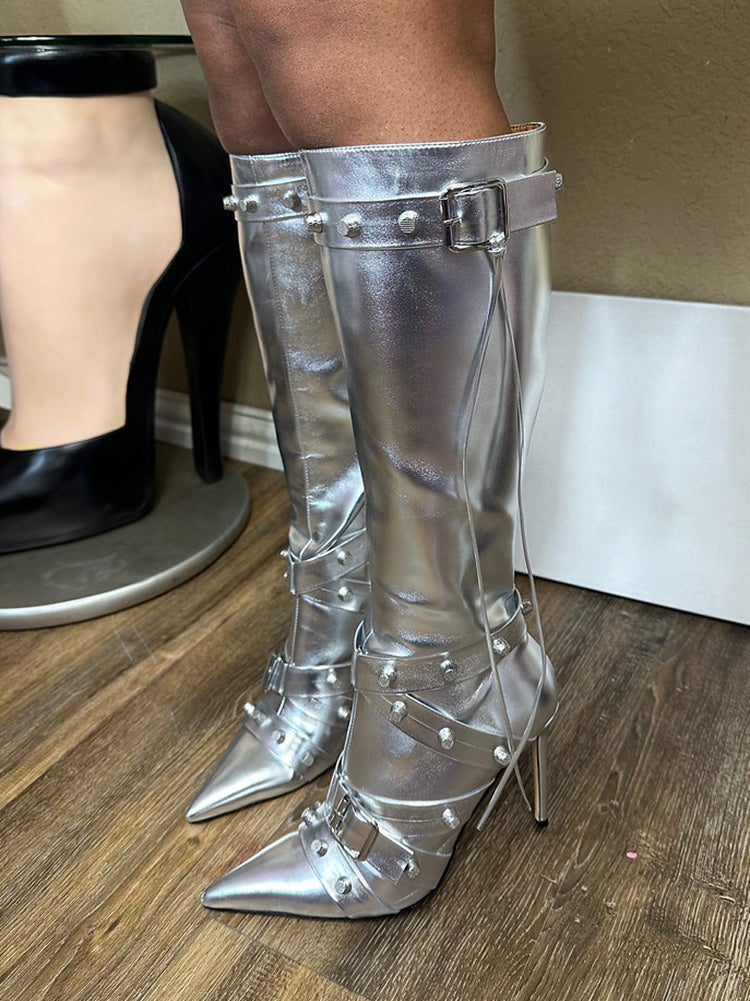 Studded Buckled Strap Leather Boots