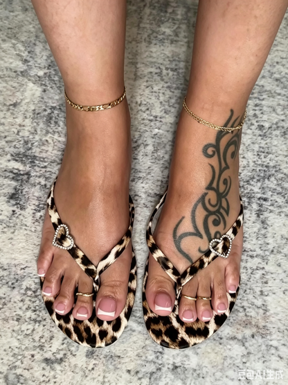 Leopard Rhinestone Heart Flip Flop Sandals