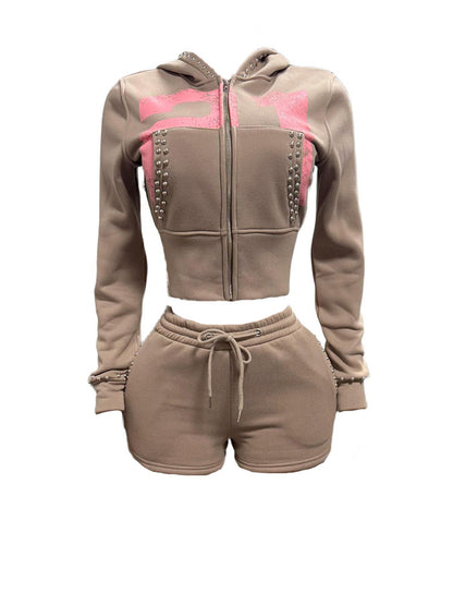 Studded Hoodie Jacket & Shorts Set