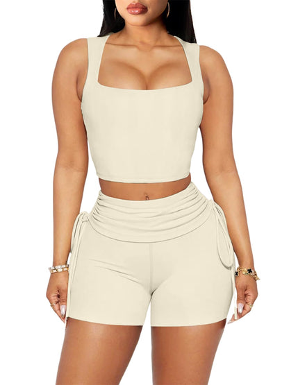 Square Neck Top Drawstring Shorts