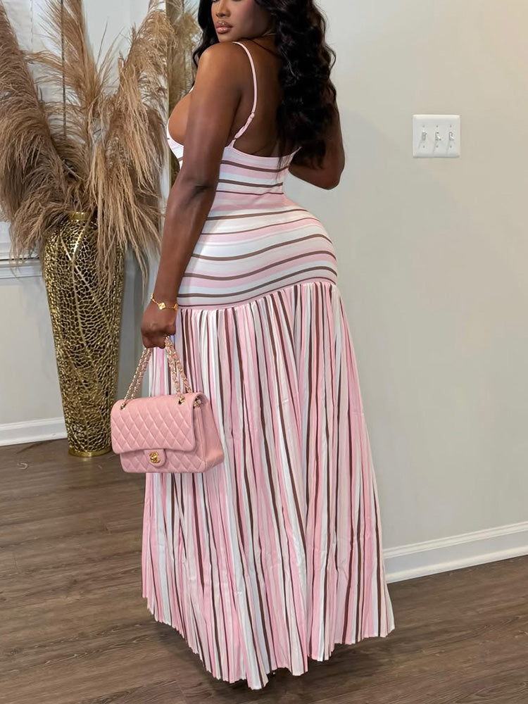 Striped Contrast Pleated Maxi Dress