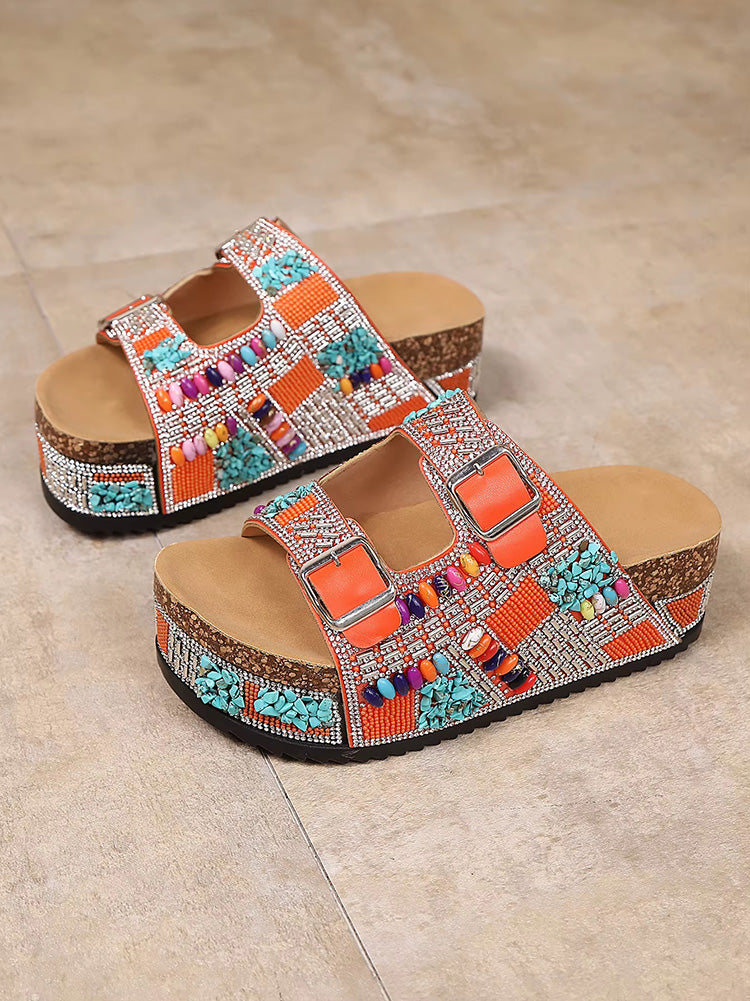 Boho Beaded Double Strap Platform Sandals
