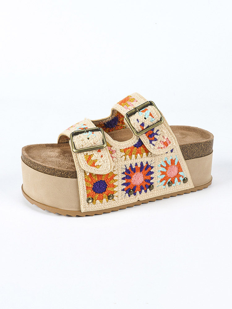 Crochet Strap Cork Platform Sandals