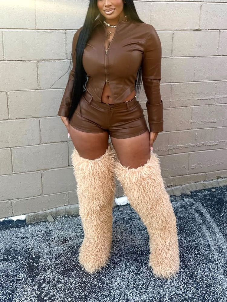 Leather Crop Jacket & Shorts Set