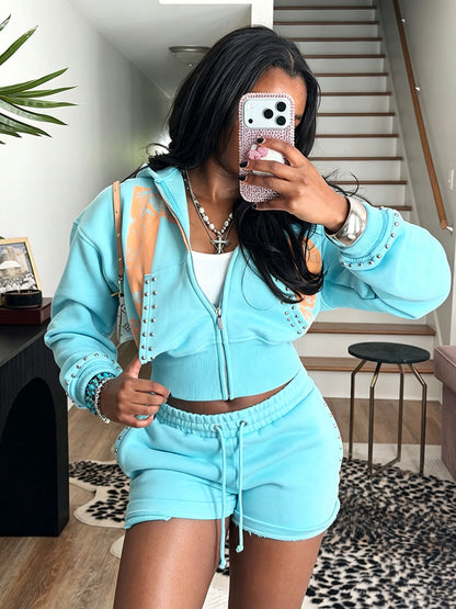 Studded Hoodie Jacket & Shorts Set
