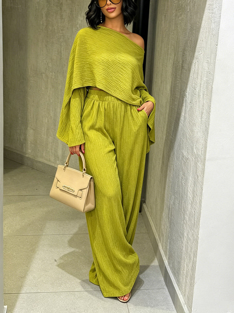 Plissé Asymmetric Top & Wide Pants Set