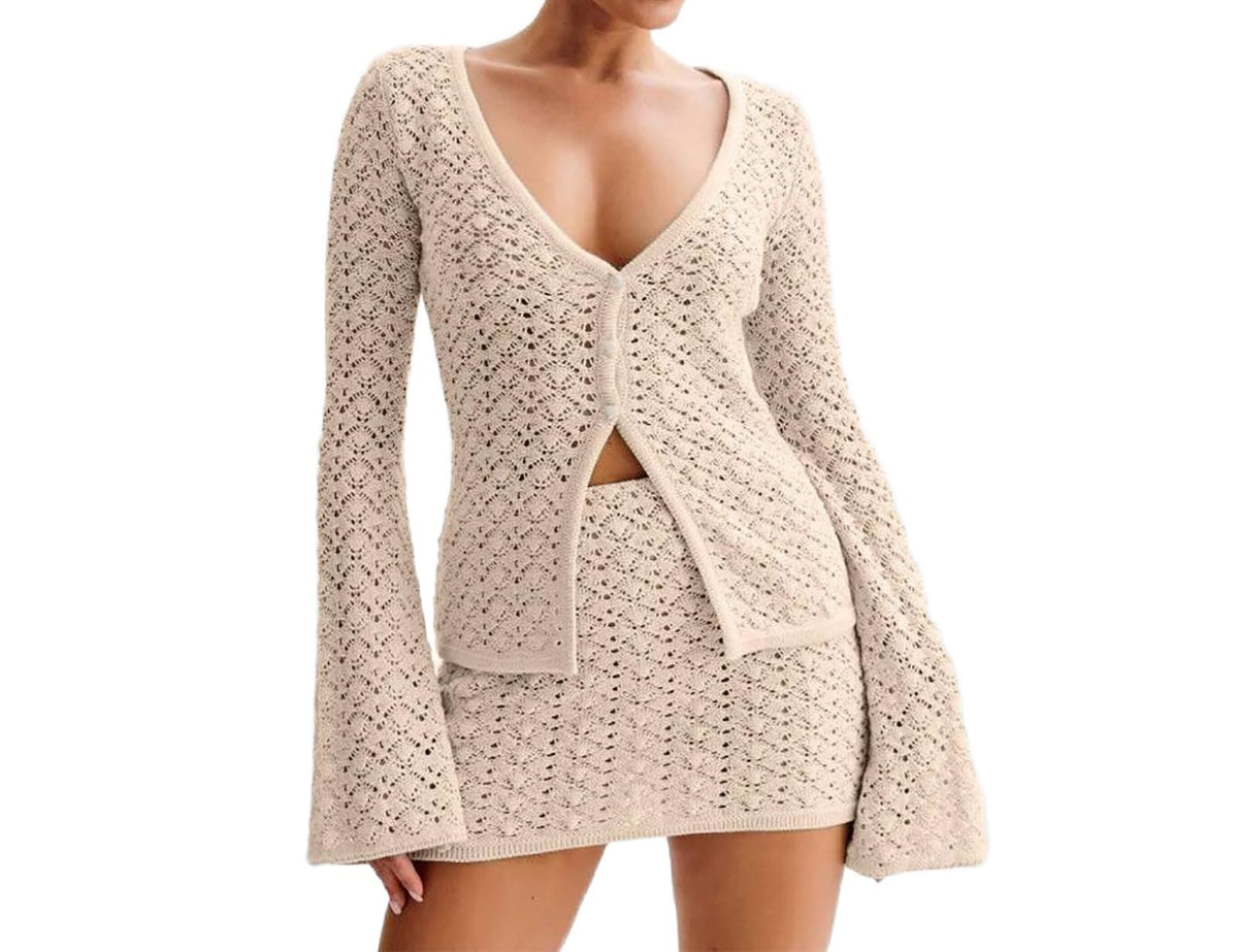 Crochet Knit Top Skirt Set