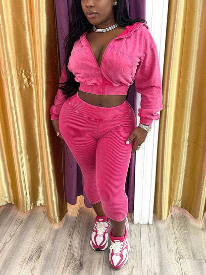 Acid Wash Cropped Jacket & Capri Leggings Set