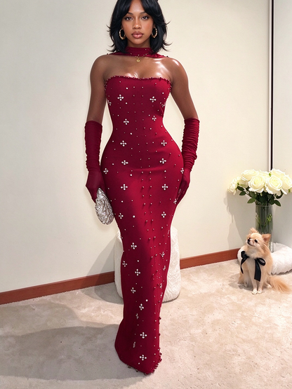 Pearl Embellished Halter Maxi Dress